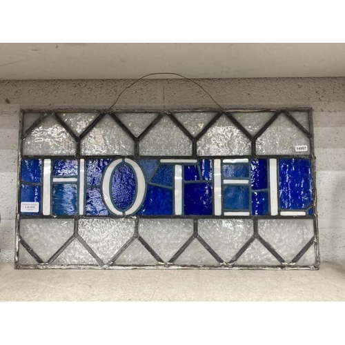 410 - Stained glass 'Hotel' panel 63x34cm