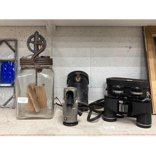 411 - Vintage 4 quart glass butter churn with wooden paddles, cased Chinon 8x40 binoculars & cased Sitesqu... 