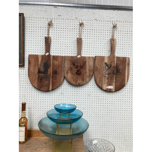 419 - 3 wooden cheese boards - Hardy Bros Finest Fishing Tackle, James Purdy & Sons Side by Side shotguns ... 