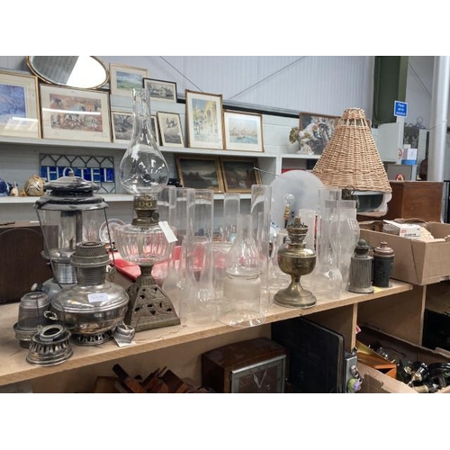 468 - Collection of vintage/ antique oil lamps, Tilley lamp, glass chimney funnels, oil lamp burners etc.