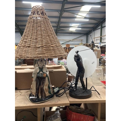 474 - Widdop Bingham & Co. golfing figurine table lamp 36H & 'Sleeping Mariachi' Jersey Pottery table lamp... 