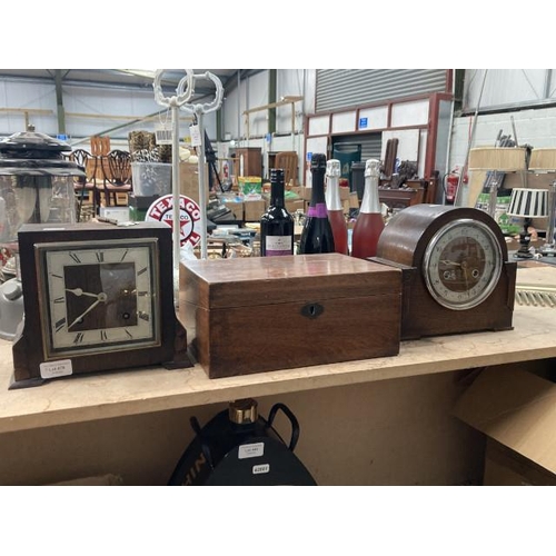 476 - Two oak cased 1930's/40's mantel clocks (Both with pendulums one with key) & a mahogany writing slop... 