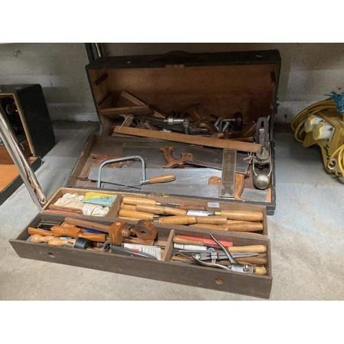 481 - Vintage wooden joiners tool chest & joiners tools inc. Eclipse No. 77 saw set tool, Rabone T square,... 