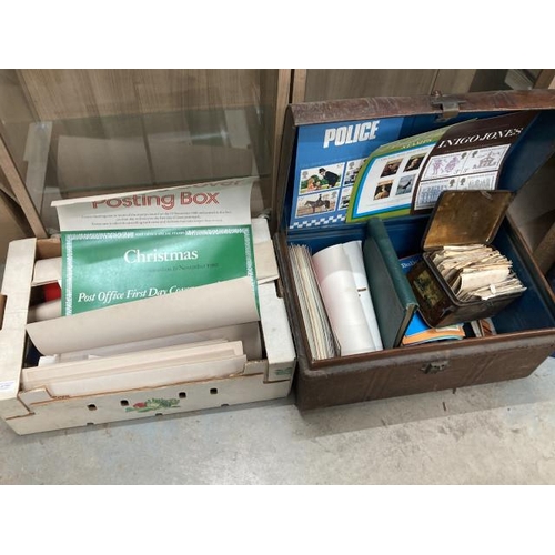 503 - Box & metal trunk of ephemera, tin of early love letters & correspondence, 'First Day Cover Posting ... 