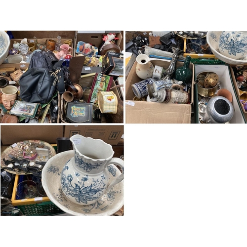 521 - Assorted collectables including Toby jugs, glass paperweight, steins, 2 boxes of metal wares, wash j... 