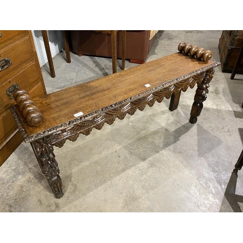 53 - Victorian carved oak hall bench with original turned scroll armrests 56H 120W 28D