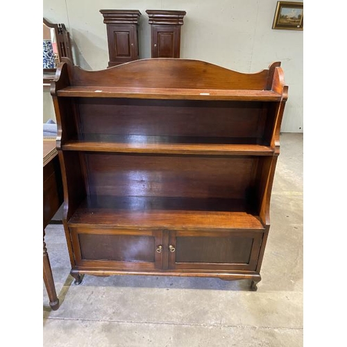 56 - Edwardian mahogany open waterfall bookcase with two shelves and two panelled doors 114H 99W 30D