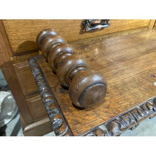 53 - Victorian carved oak hall bench with original turned scroll armrests 56H 120W 28D