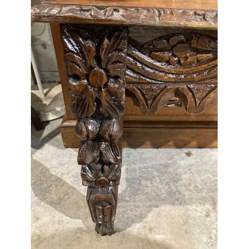 53 - Victorian carved oak hall bench with original turned scroll armrests 56H 120W 28D