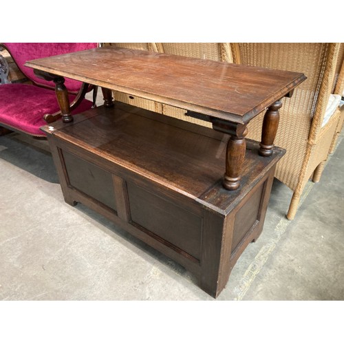 38 - Edwardian oak monks bench 79-98H 105W 50D