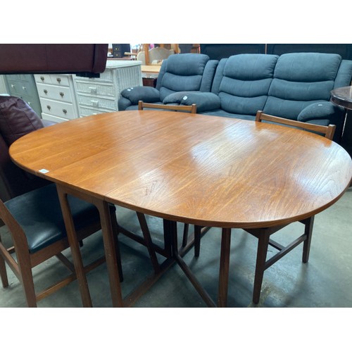 21 - Mid century teak Danish drop leaf table 73H 30-150W 106D and 4 matching chairs