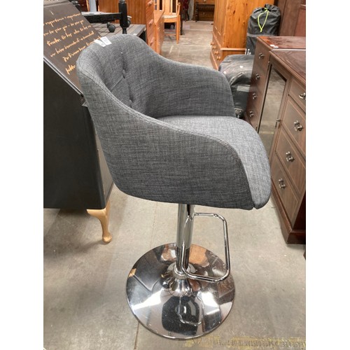 116 - 2 contemporary chrome based swivel bar stools upholstered in grey linen fabric 106H 52W 46D