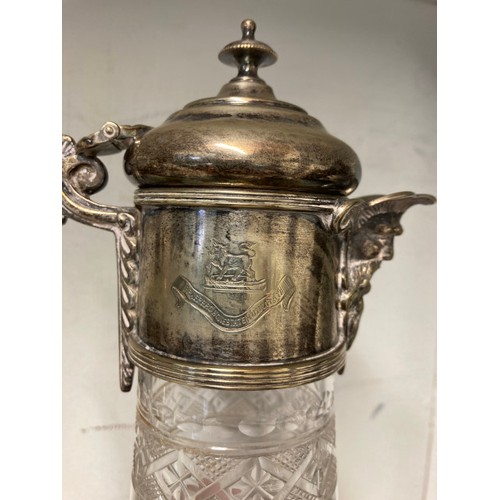 327 - Silver plated & cut crystal water pitcher with ice chamber & 19th century silver plated claret jug