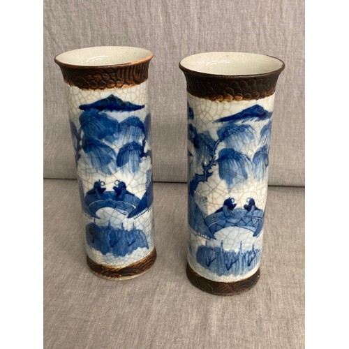 456 - Pair of Chinese crackle glazed vases, character marks to bases 26H