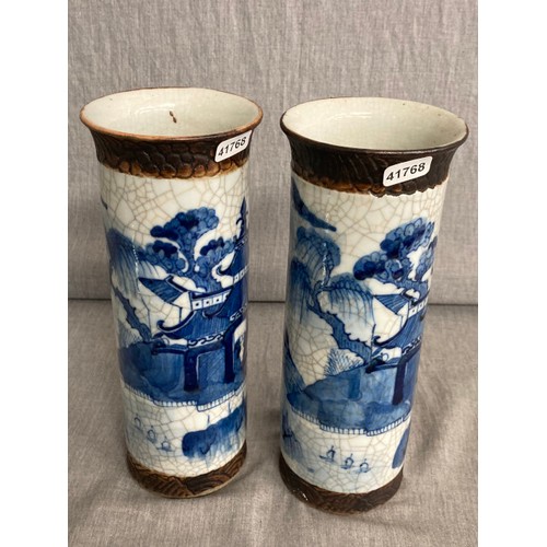 456 - Pair of Chinese crackle glazed vases, character marks to bases 26H