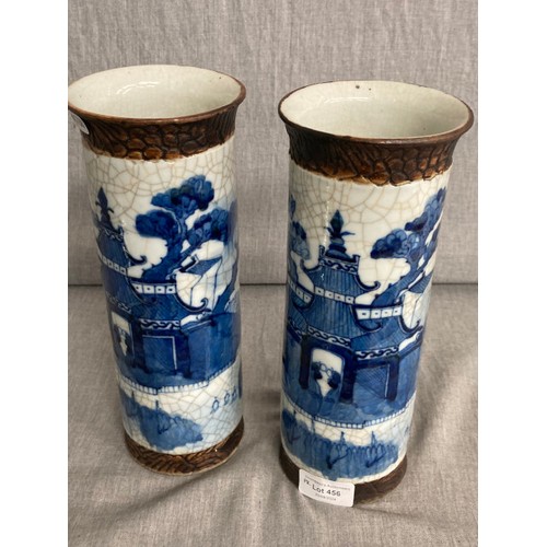 456 - Pair of Chinese crackle glazed vases, character marks to bases 26H