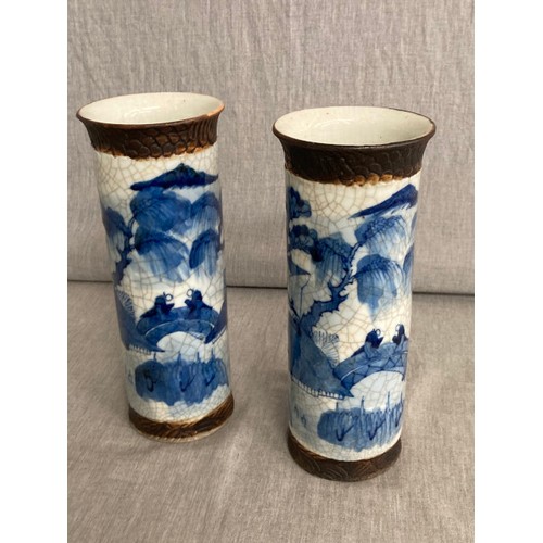 456 - Pair of Chinese crackle glazed vases, character marks to bases 26H