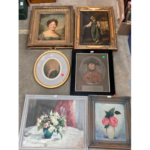 507 - 7 framed pictures inc. Framed 'Bonaparte, First Consul' portrait, 2 still life oil paintings, 2 gilt... 