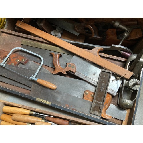 481 - Vintage wooden joiners tool chest & joiners tools inc. Eclipse No. 77 saw set tool, Rabone T square,... 