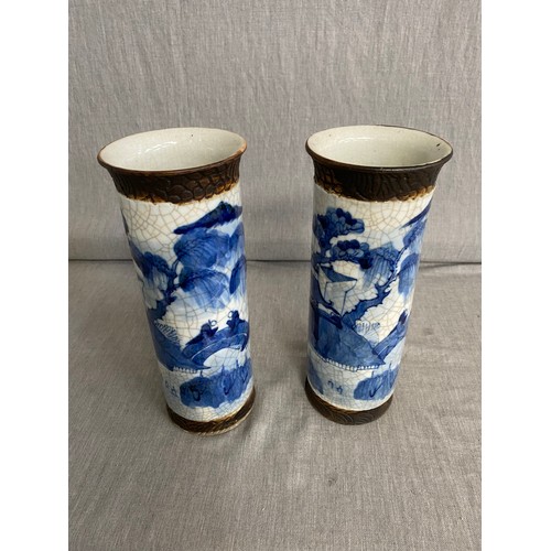 456 - Pair of Chinese crackle glazed vases, character marks to bases 26H