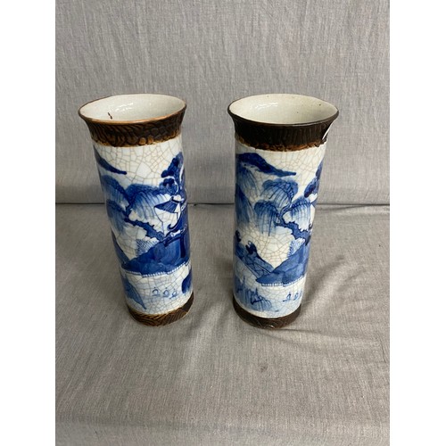 456 - Pair of Chinese crackle glazed vases, character marks to bases 26H