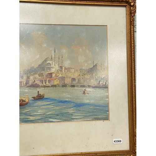 406 - Framed watercolour of Constantinople by Serif Renkgorur 55x45cm & framed signed Nikolai Saraphanoff ... 