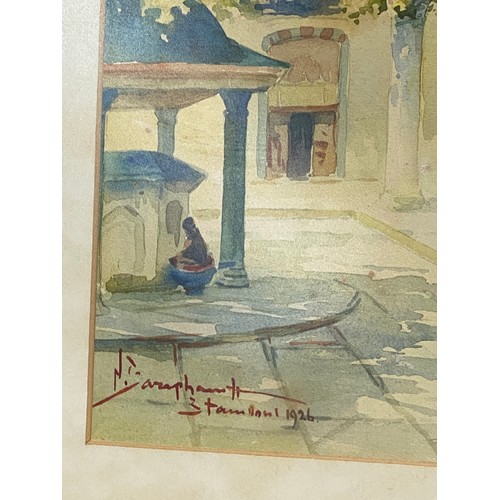 406 - Framed watercolour of Constantinople by Serif Renkgorur 55x45cm & framed signed Nikolai Saraphanoff ... 