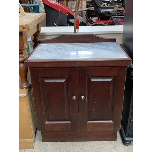 132 - Mahogany 2 door cupboard with marble top 85H 70W 45D, Pair of hand painted pine 3 drawer bedside che... 