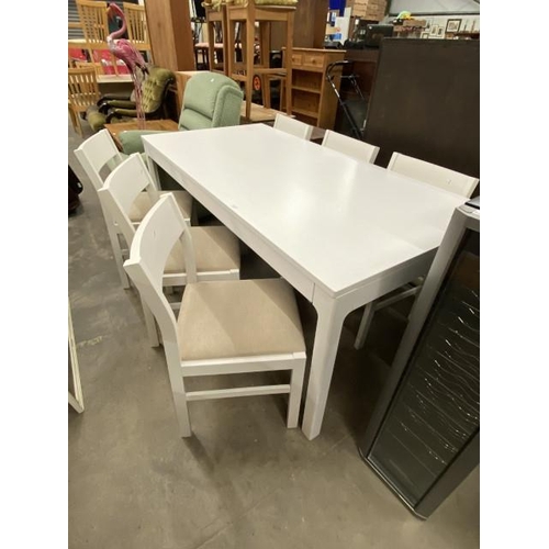 134 - Good quality white dining table 76H 180W 90D and six chairs