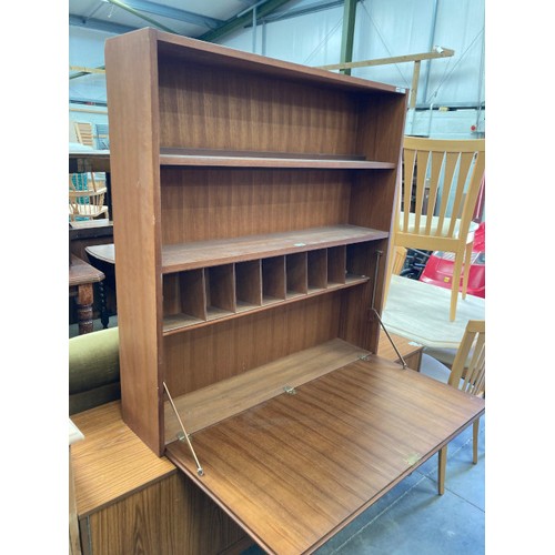 109 - Schreiber Formica sideboard 73H 152W 41D & a mid century teak bureau with one key 105H 100W 24D