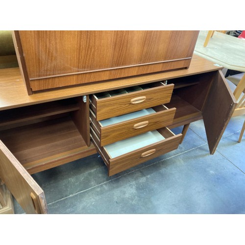 109 - Schreiber Formica sideboard 73H 152W 41D & a mid century teak bureau with one key 105H 100W 24D