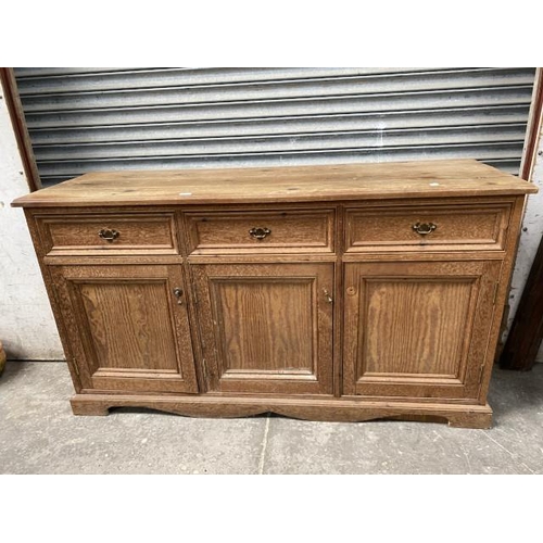 99 - Scrubbed pine 3 door/3 drawer sideboard 92H 168W 53D