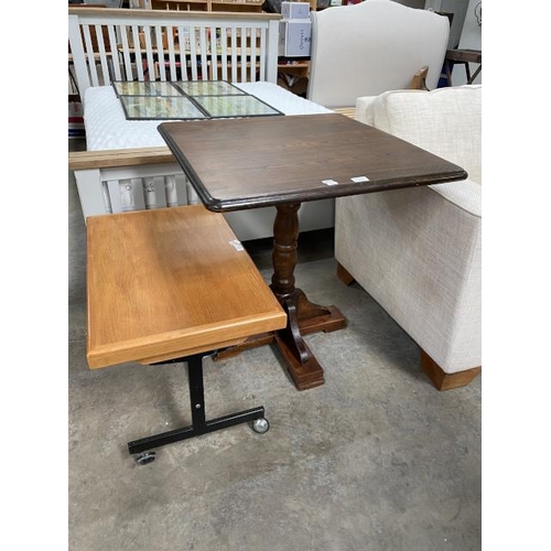 141 - Good quality oak centre table 74H 69W 69D & a beech bench trolley 46H 71W 45D