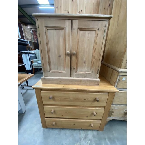 102 - Pine 2 door cupboard 69H 68W 42D and a pine 3 drawer chest 74H 94W 54D