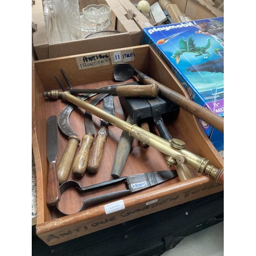 396 - Vintage tools inc. 2 sickles, Victorian weed hoe, sheep shears, brass 'The Florist's Friend' sprayin... 