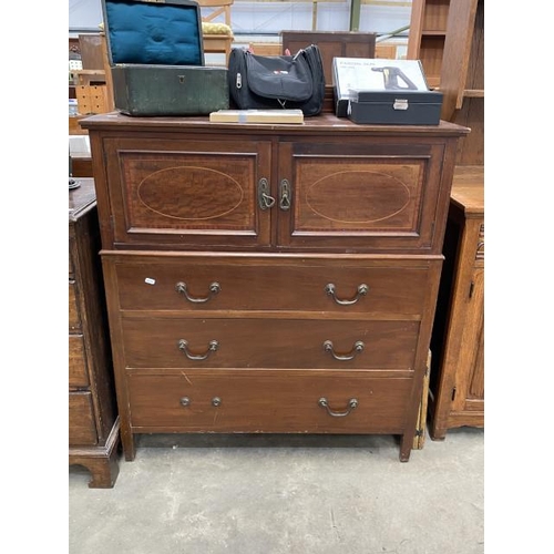 92 - Victorian mahogany inlaid 2 door/3 drawer chest 122H 108W 47D (one missing handle), Oak linen fold d... 