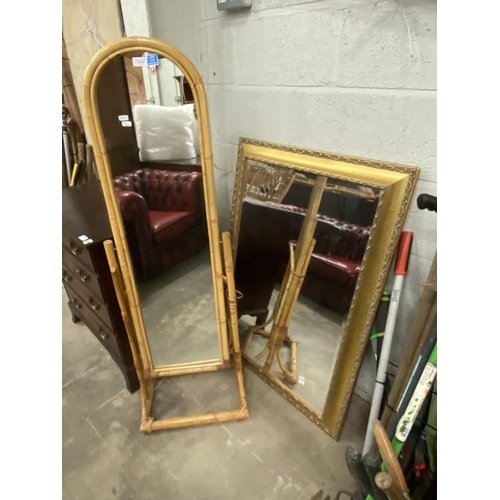 10 - Bamboo framed cheval mirror 138H 45W and a gilt framed mirror 76 x 105cm