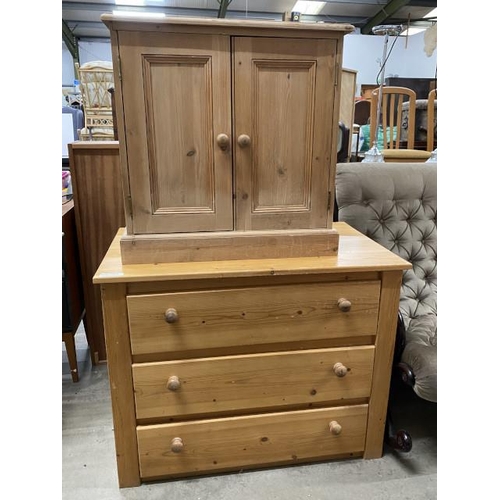 102 - Pine 2 door cupboard 69H 68W 42D and a pine 3 drawer chest 74H 94W 54D