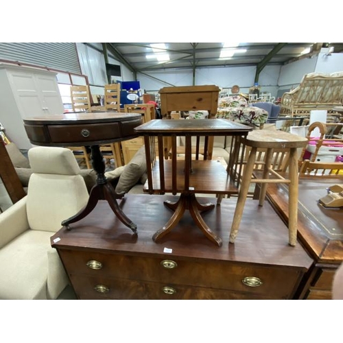 124 - Mahogany drum table 61H 50cm diameter, mahogany revolving bookcase 57H 43W 43D and a vintage pine st... 