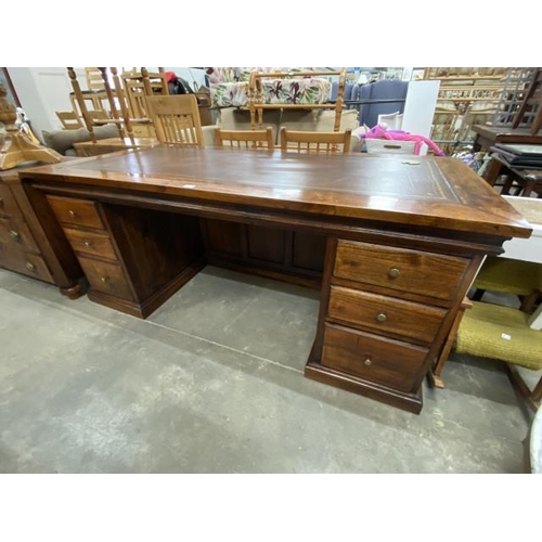 128 - Contemporary oak pedestal desk with brown leather inset 79H 190W 95D (Doorstep delivery only)