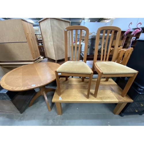 131 - Oak plank top coffee table 45H 120W 60D, Teak circular dining table 75H 92cm diameter and two chairs