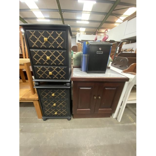 132 - Mahogany 2 door cupboard with marble top 85H 70W 45D, Pair of hand painted pine 3 drawer bedside che... 