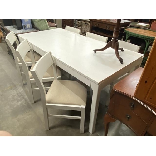 134 - Good quality white dining table 76H 180W 90D and six chairs