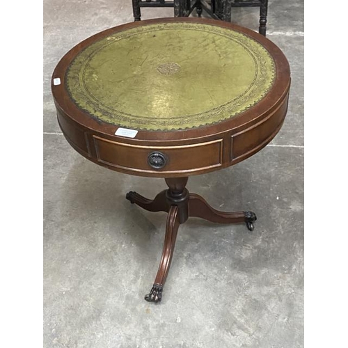 137 - Mahogany drum table with green leather inset 57H 51D