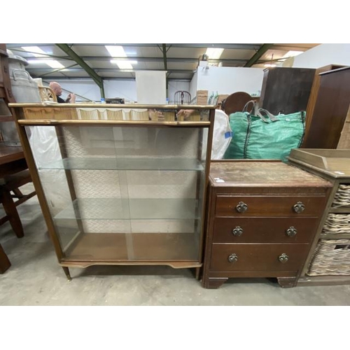 158 - Oak three drawer chest 74H 62W 41D and a vintage display cabinet 104H 91W 30D