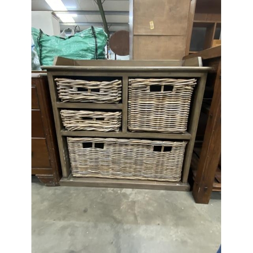 159 - Rustic storage unit with 4 wicker storage baskets 78H 87W 40D