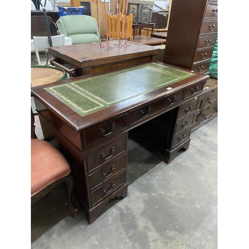 166 - Mahogany pedestal desk with green leather inset 77H 120W 61D