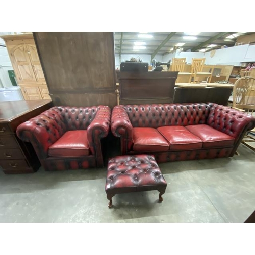 18 - 3 piece Ox blood leather button back Chesterfield suite (tub chair 95W, settee 190W, footstool 58 x ... 