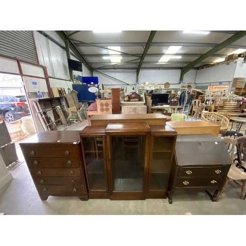 180 - Oak five drawer chest 103H 77W 41D, Art Deco oak display cabinet 120H 122W 27D and an oak bureau 96H... 