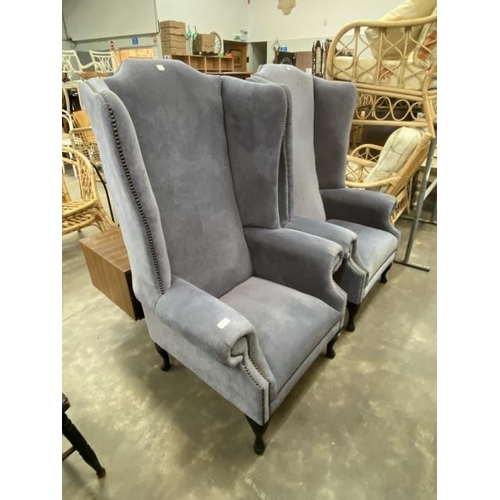 182 - 2 good quality blue/grey brushed cotton high back wing armchairs 134H 82W 60D